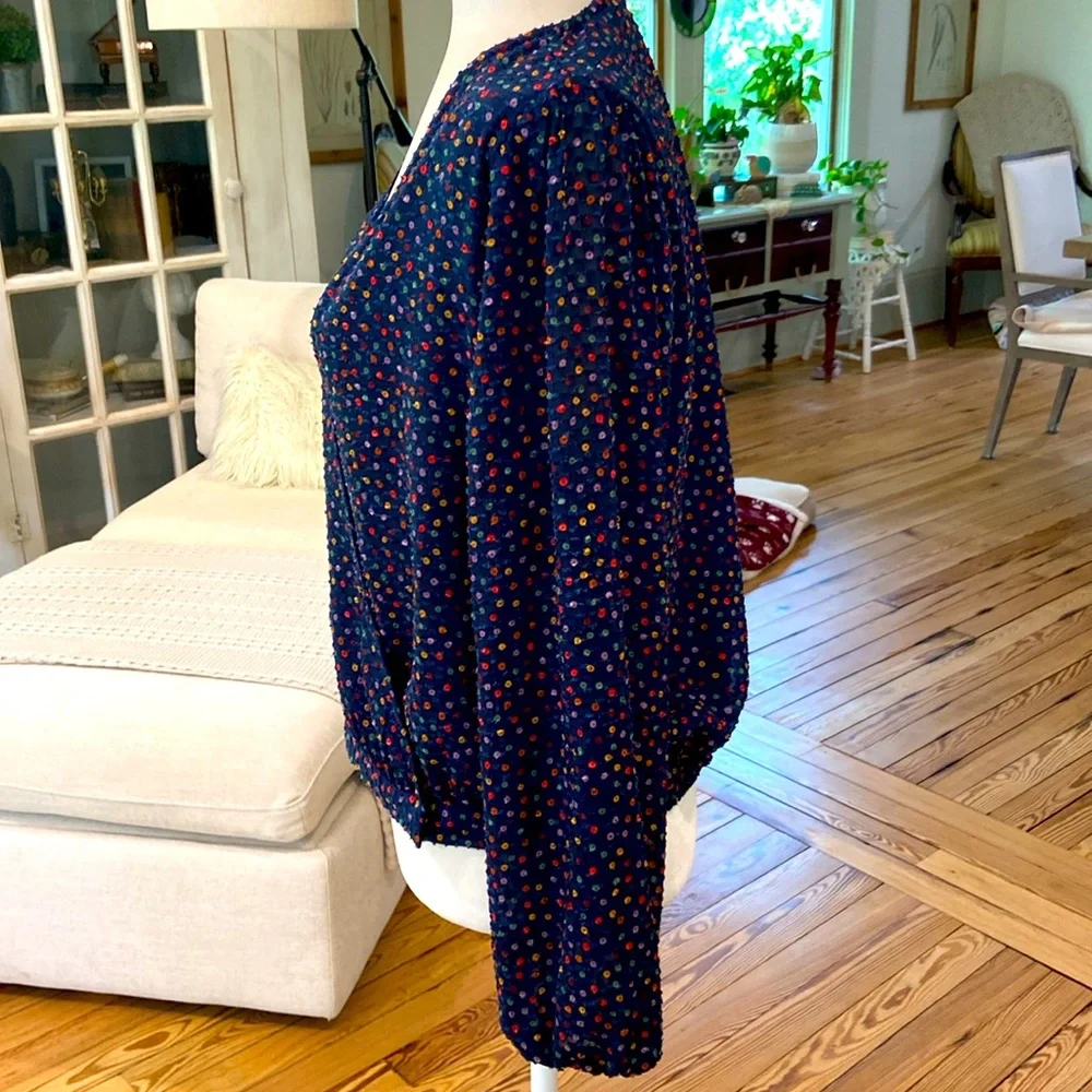 Madewell Lyric Wrap Top In Sugar Dot Navy Blue Sheer Puff Sleeves Womens LARGE